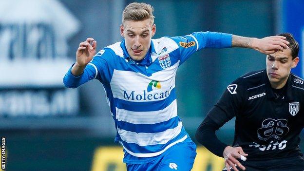 Nicolai Brock-Madsen in action for PEC Zwolle in the Dutch Eredivise