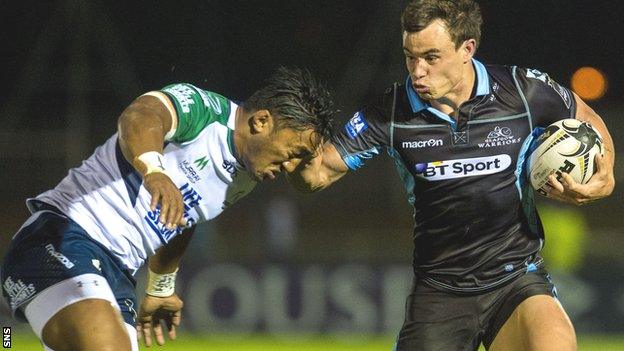 Glasgow wing Lee Jones takes on the Connacht defence when the two sides met earlier this season