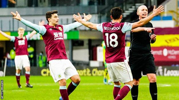 Burnley players appeal for a penalty