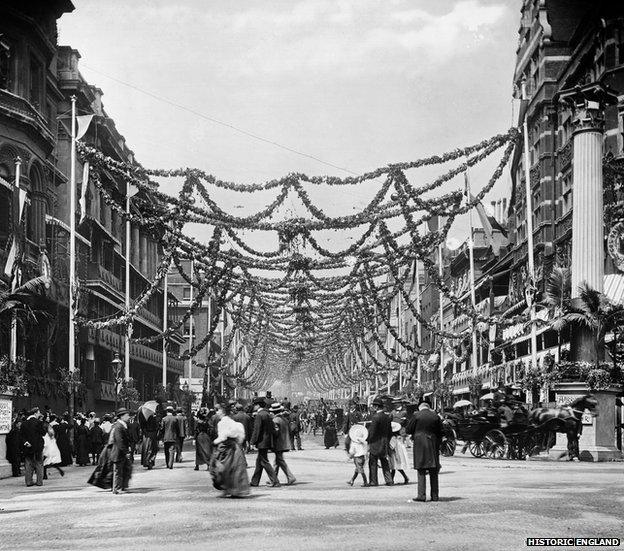 Diamond Jubilee decorations, St James's Street, London 1897. York & Son