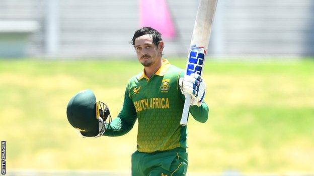 South Africa's Quinton de Kock celebrates his century against India