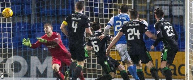 St Johnstone striker Chris Kane watches as his shot beats Hibs goalkeeper Cammy Bell