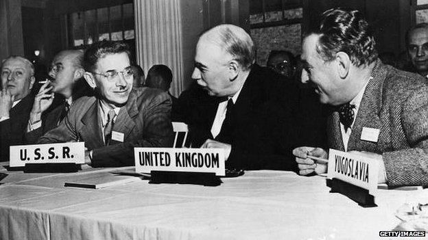 British economist John Maynard Keynes (centre) attends the UN conference at Bretton Woods, New Hampshire, July 1944