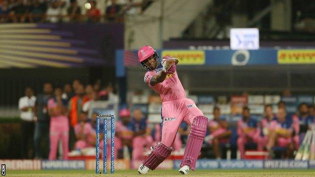 Jofra Archer hits a six to win an IPL match for Rajasthan Royals against Kolkata Knight Riders