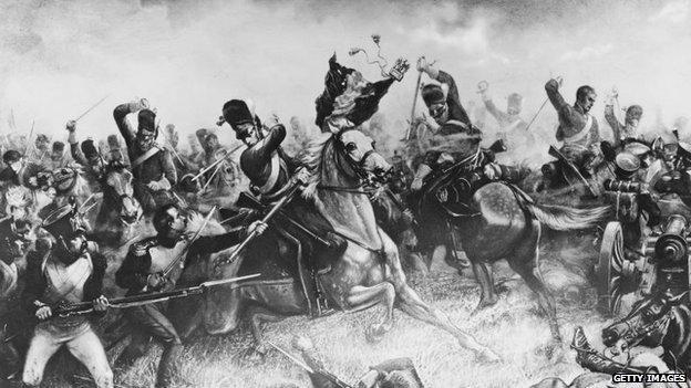 The British cavalry charge at the French infantry.