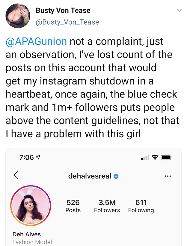 A post by adult performer Busty von Tease, complaining about an explicit post by a fashion model. Adult performers say that they are unfairly treated compared to mainstream models and celebrities