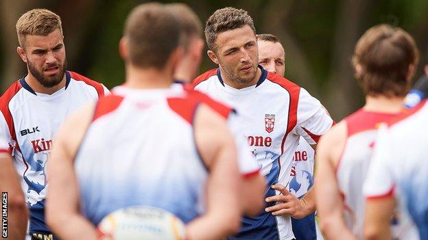 Sam Burgess and his England rugby league team-mates in training