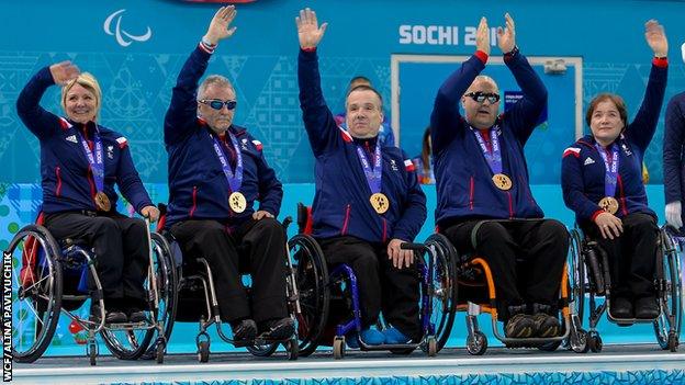 Gregor Ewan (second from right) with his GB team-mates after winning bronze at the Sochi Winter Paralympics