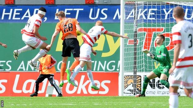 Lucas Tagliapietra scores a header for Hamilton Academical