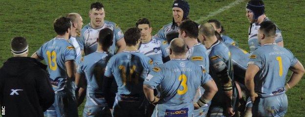 Yorkshire Carnegie in team huddle at Jersey