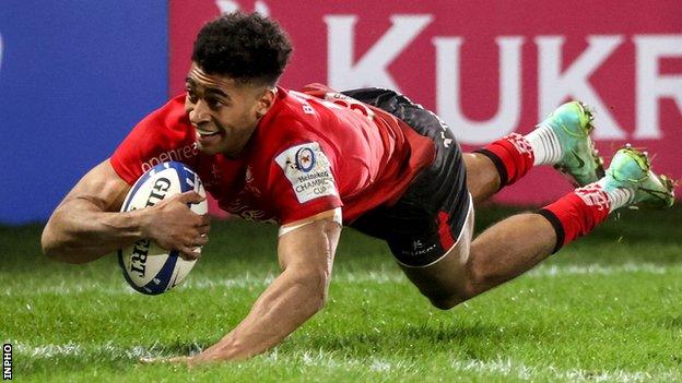 Robert Baloucoune dives over for a try in Ulster's home win over Clermont-Auvergne in January