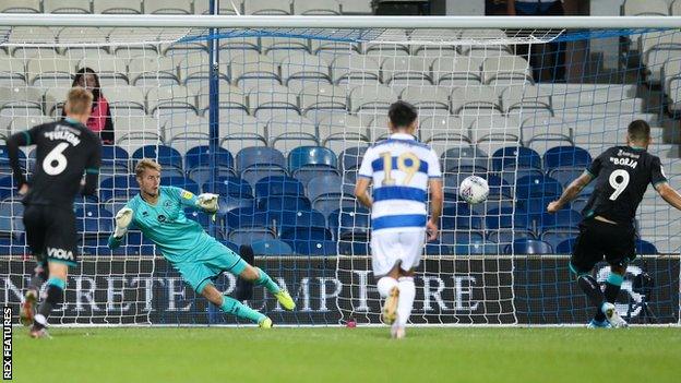 Swansea striker Borja sends Joe Lumley the wrong way to score from the penalty spot