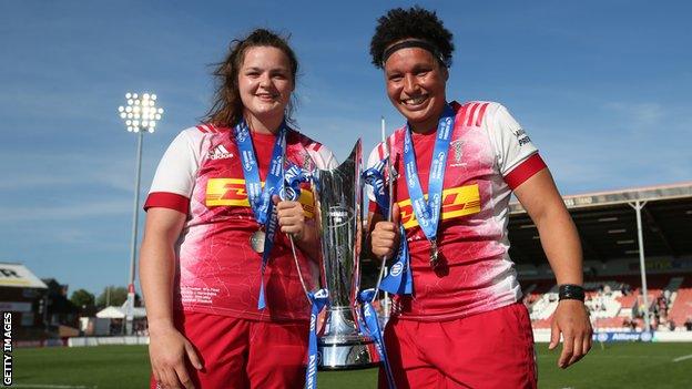 Shaunagh Brown and Sarah Beckett with the Premier 15s trophy