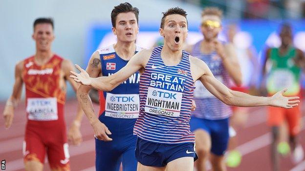 Britain's Jake Wightman (front) ahead of Norway's Jakob Ingebrigtsen at the finish line of the final 1500m run at the World Athletics Championships Oregon22