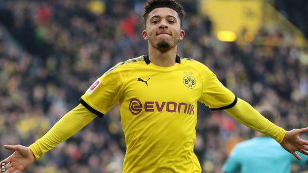 Jadon Sancho celebrates scoring for Borussia Dortmund