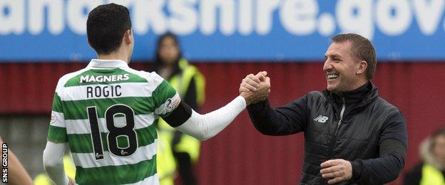 Manager Brendan Rodgers congratulates Celtic match-winner Tom Rogic