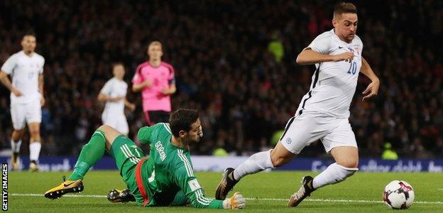 Scotland goalkeeper Craig Gordon goes in to challenge Slovakia's Robert Mak