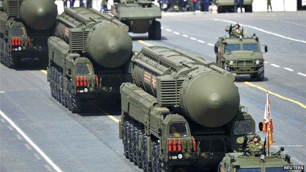 Russian RS-24 Yars/SS-27 Mod 2 solid-propellant intercontinental ballistic missiles drive during the Victory Day parade at Red Square in Moscow, Russia, 9 May 2015