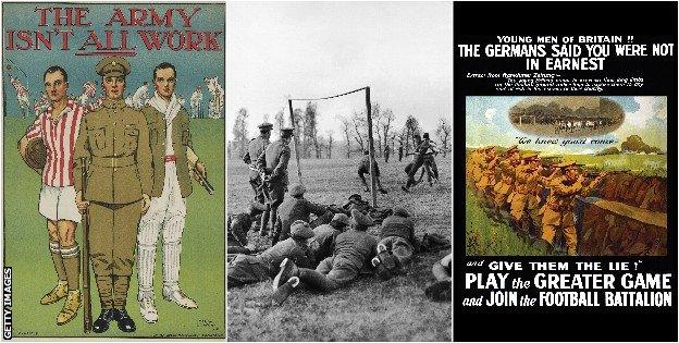 Recruitment posters target footballers and fans (left and right) and soldiers play football in Salonika, Macedonia in 1915