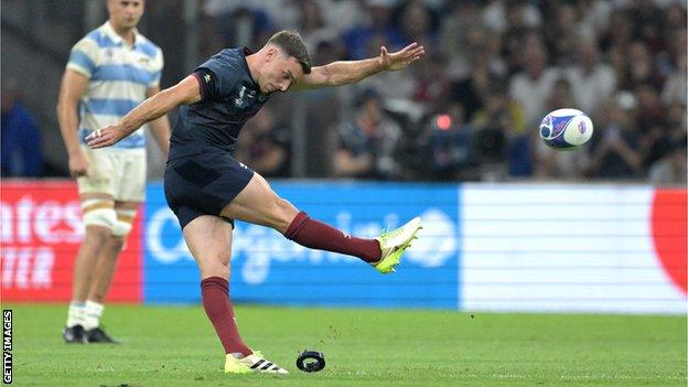 George Ford kicks a penalty for England