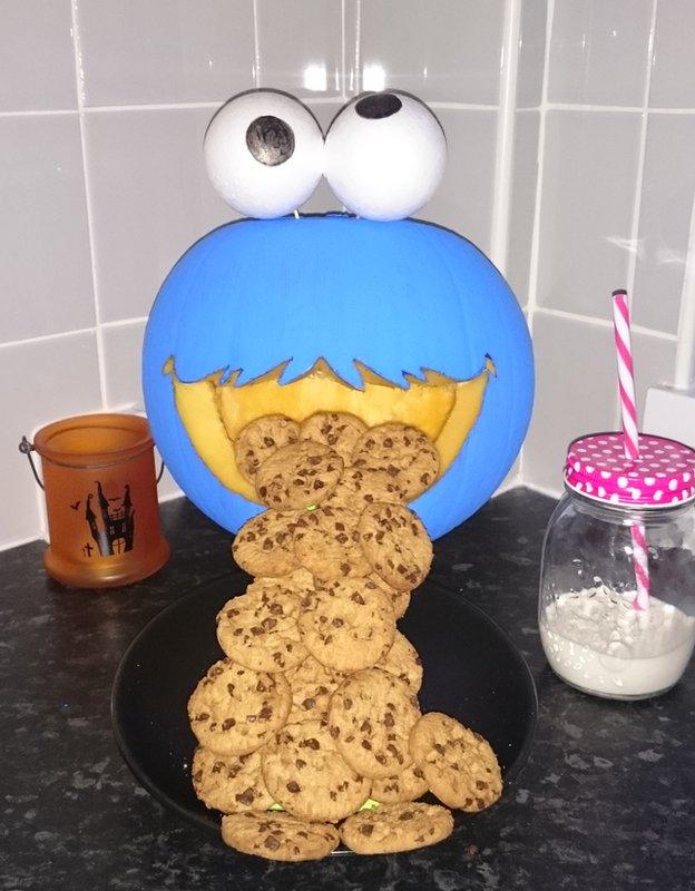 Leo aged 9 and his brother's cookie monster pumpkin complete with cookies.