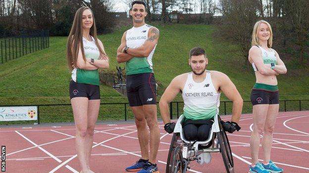 Adam McMullen (second from left) with Northern Ireland track and field team-mates Sommer Lecky, Jack Agnew and Amy Foster