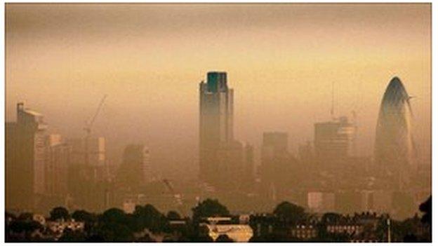 Mist and pollution hang over the London skyline