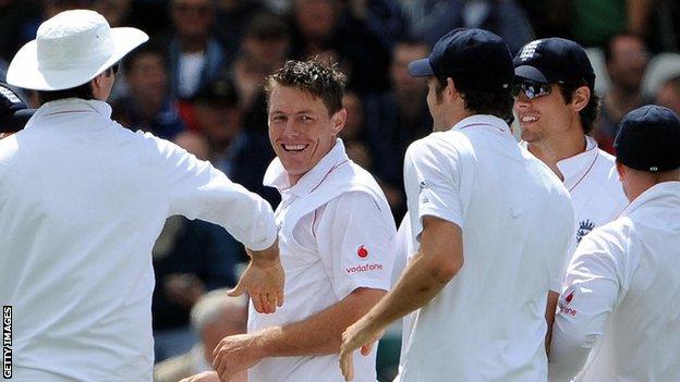 Darren Pattinson celebrates taking a wicket for England