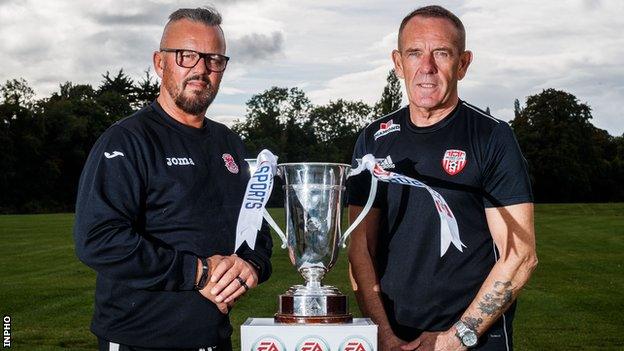 Kenny Shiels with Cobh Ramblers boss Stephen Henderson at the EA Sports Cup Final media day in Dublin on Thursday