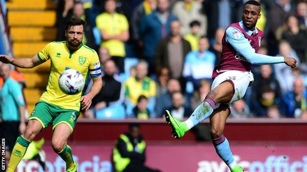 Jonathan Kodija scores Villa's opening goal against Norwich