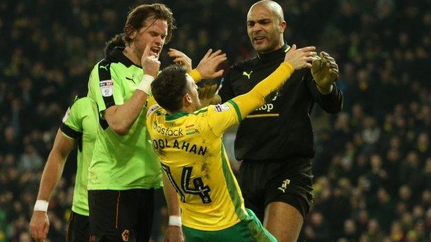 Norwich's Wes Hoolahan was caught off balance by Wolves keeper Carl Ikeme's push in the chest