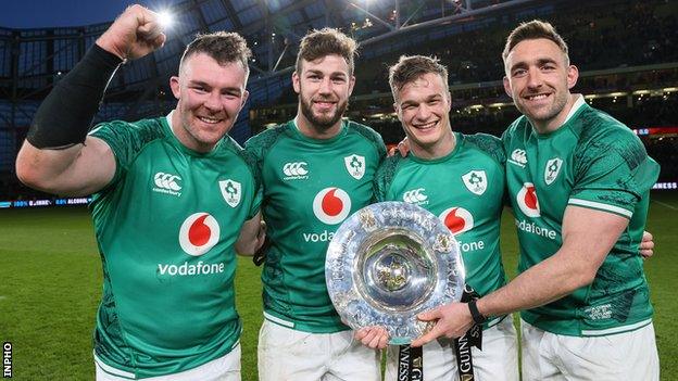 Peter O'Mahony, Caelan Doris, Josh van der Flier and Jack Conan celebrate after Ireland's Triple Crown success last month