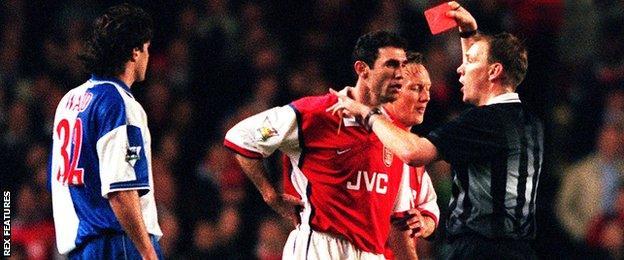 Arsenal's Martin Keown is sent off in their 1-0 win over Blackburn Rovers in April 1999.