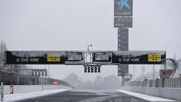 Snow settled on the circuit during day three of winter testing at Circuit de Catalunya