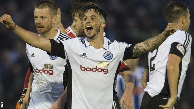 Ayr's Andy Geggan (left), Declan McDaid and Ross Docherty (centre)