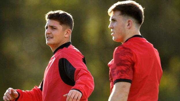 Bristol team-mates Callum Sheedy (right) and Ioan Lloyd during Wales training