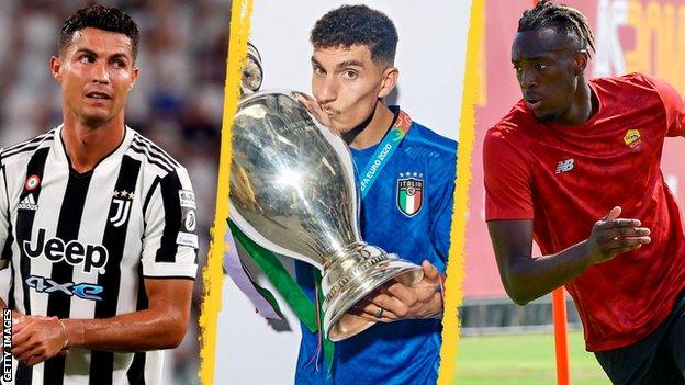 Split image of Cristiano Ronaldo in action for Juventus, Italy's Giovanni Di Lorenzo and Tammy Abraham training with Roma