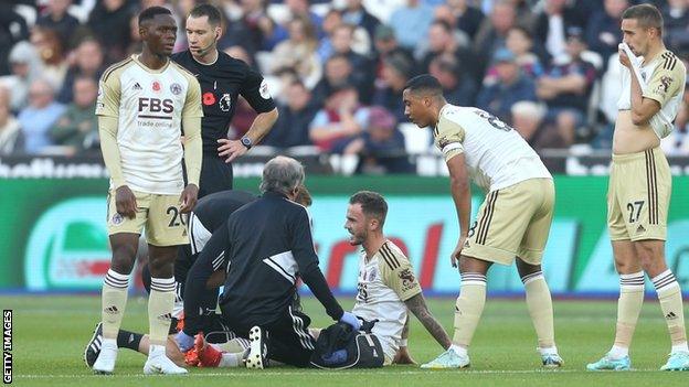 Leicester's James Maddison goes down injury before being taken off injured a week before the Qatar World Cup