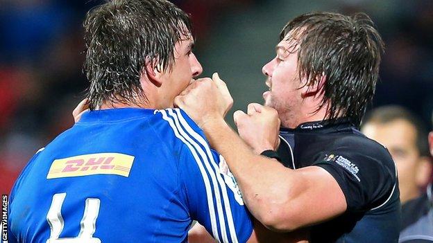 David Bulbring (right), then of Southern Kings, clashes with South Africa and Stormers lock Eben Etzebeth