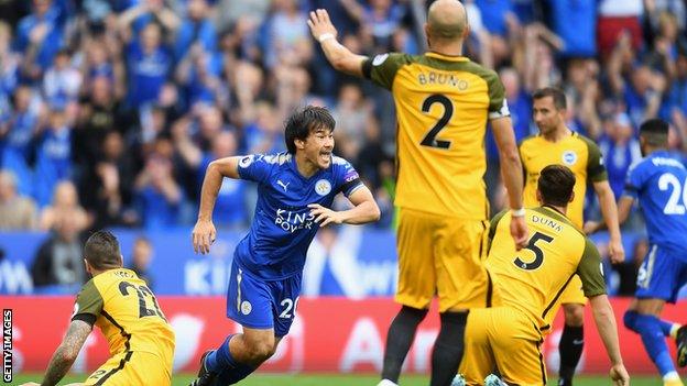 Shinji Okazaki celebrates scoring for Leicester against Brighton