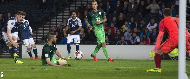 Scotland's Chris Martin scores against Slovenia