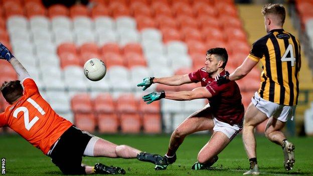 Aaron Toner scores Ballybay's second goal against Crossmaglen at the Athletic Grounds