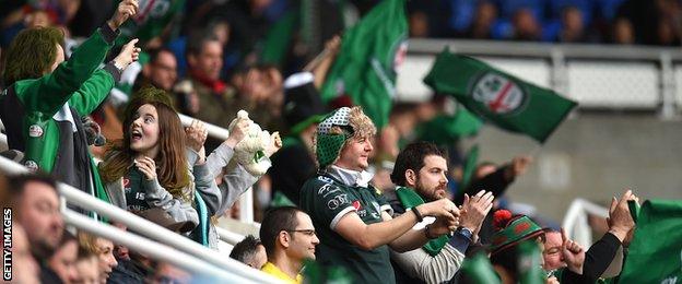 London Irish supporters at Madejski Stadium in Reading