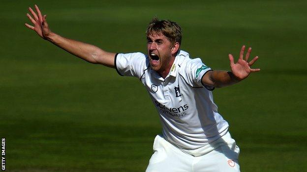 Warwickshire bowler Olly Stone appeals for a wicket