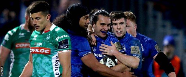 James Lowe celebrates his ninth try of the season for Leinster