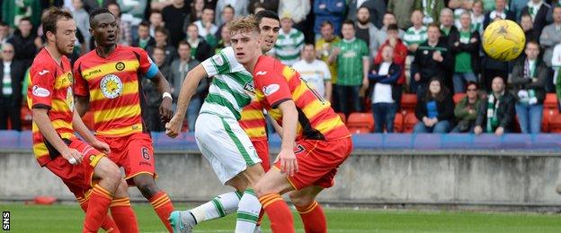 Tom Rogic scores for Celtic with a flick of his right boot