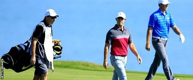 Rory McIlroy of Northern Ireland and Jordan Spieth of the United States