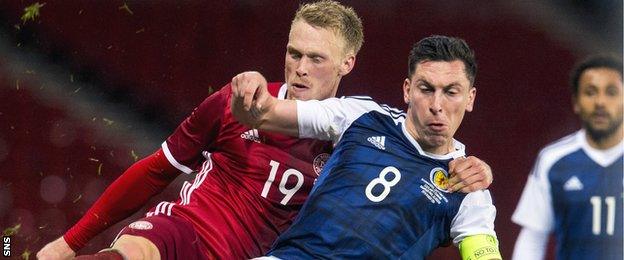 Denmark's Nicolai Jorgensen tackles Scotland's Scott Brown