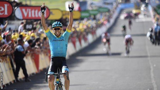 Omar Fraile celebrates by pointing to the sky after winning stage 14 of the 2018 Tour de France