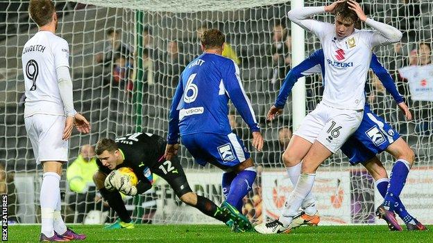 MK Dons defender Jack Hendry has his shot saved by Chesterfield goalkeeper Ryan Fulton